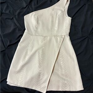 DO+BE One-Shoulder Cream Textured Mini Dress with Front Overlay